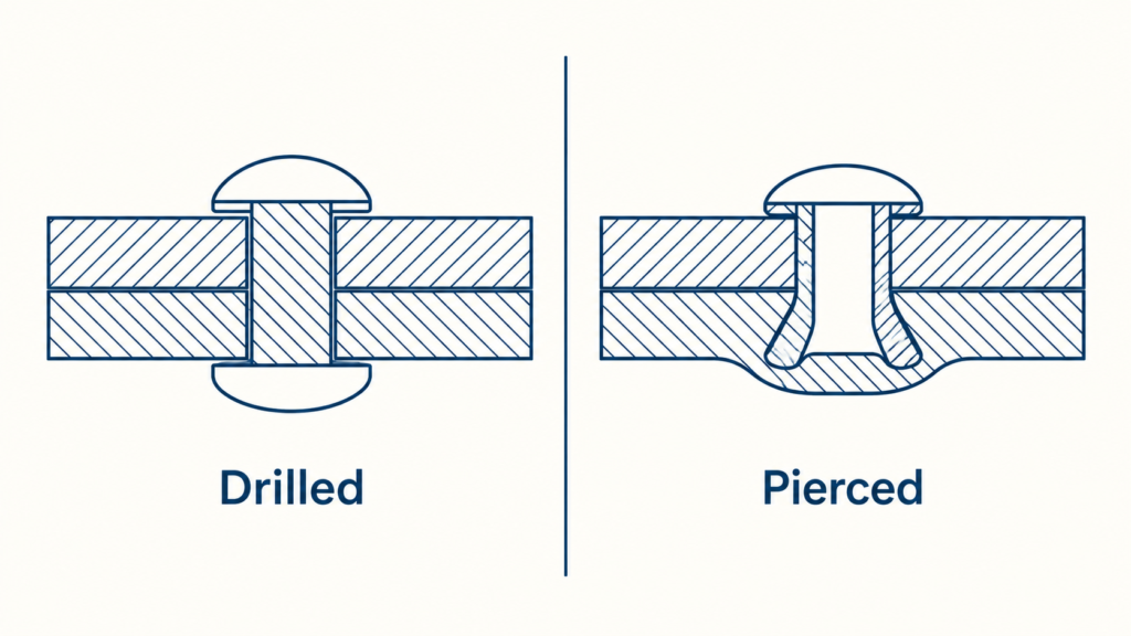 Split cross-section comparing a drilled rivet hole joint and a rivet pierced and flared into the lower sheet